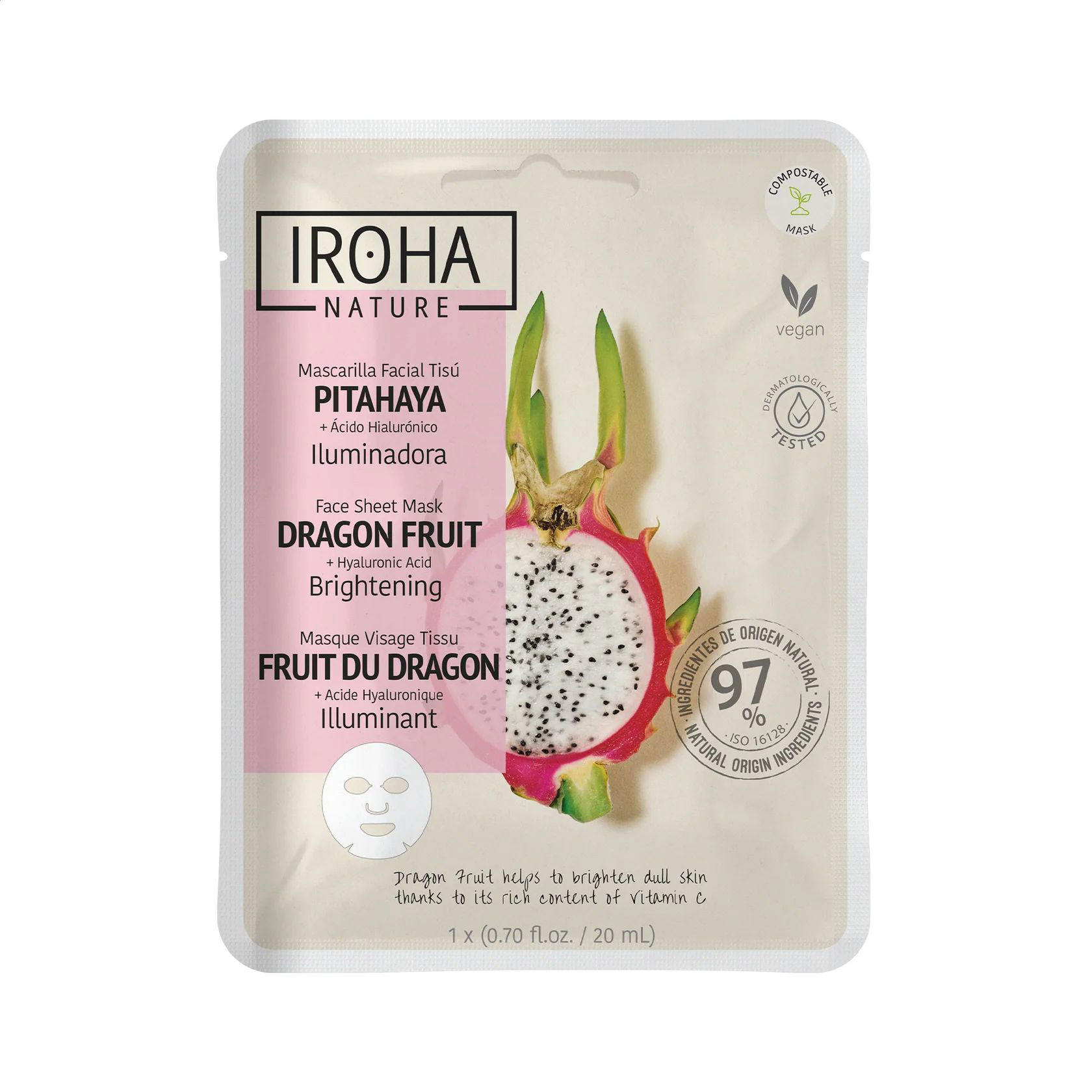 Уцінка! Тканинна маска для обличчя Iroha Nature Brightening Dragon Fruit + Hyaluronic Acid Sheet Mask, 20 мл